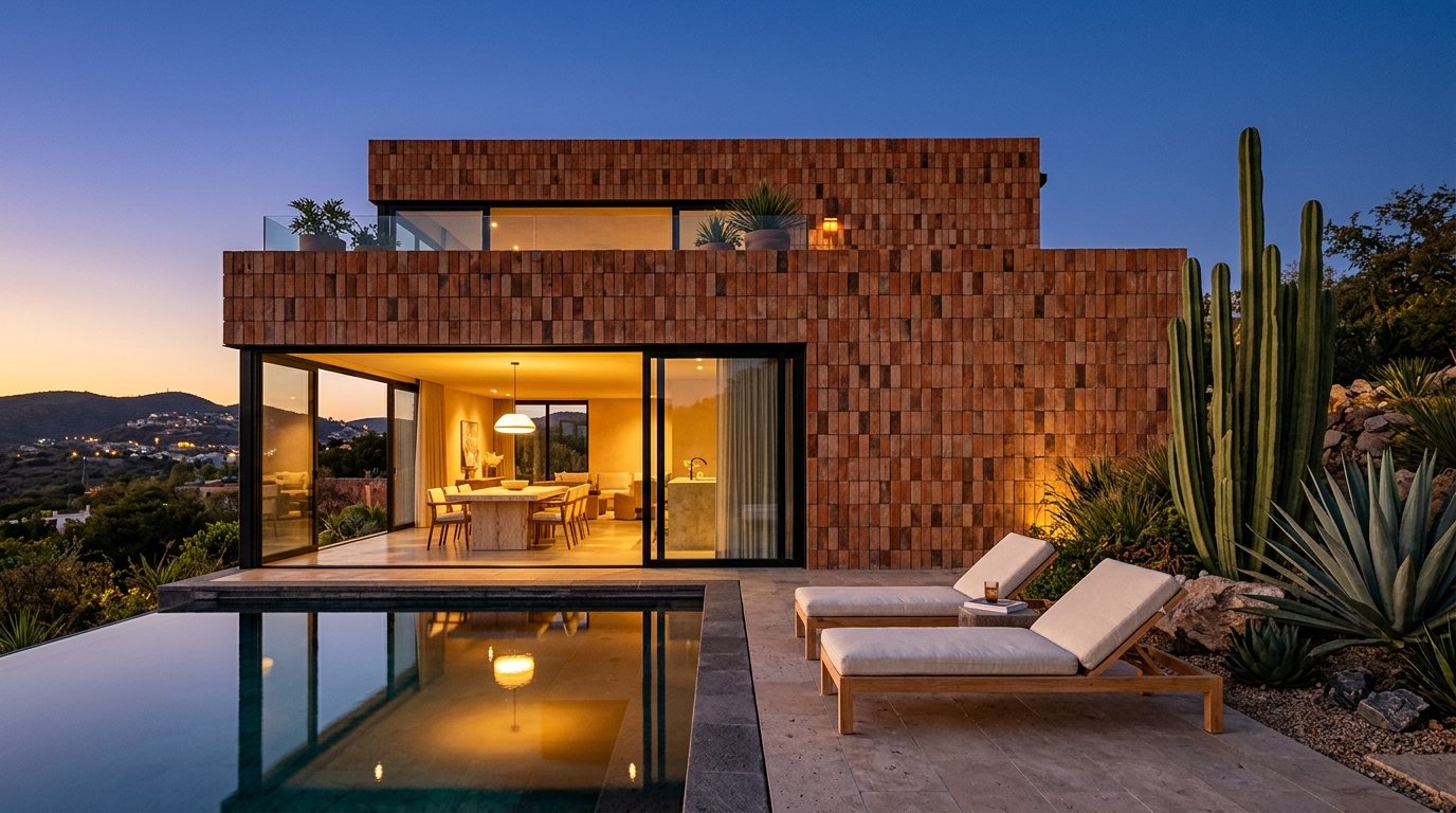 Cerámica Leonesa — fachada residencial contemporánea con cerámica de barro mexicano