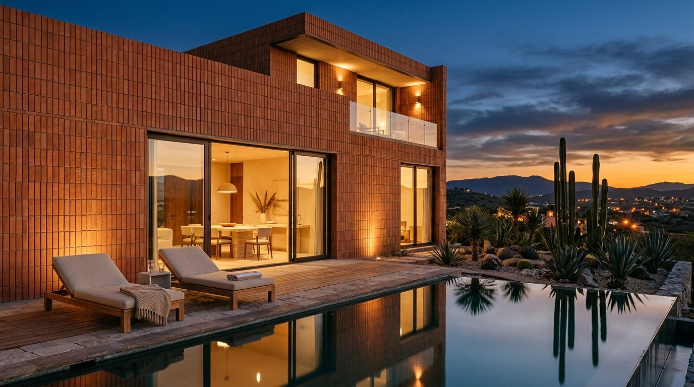 Cerámica Leonesa — fachada residencial contemporánea con cerámica de barro mexicano