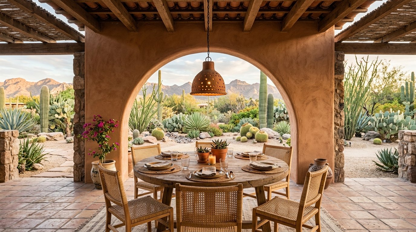 Comedor exterior con cerámica de barro de Cerámica Leonesa — arquitectura mexicana