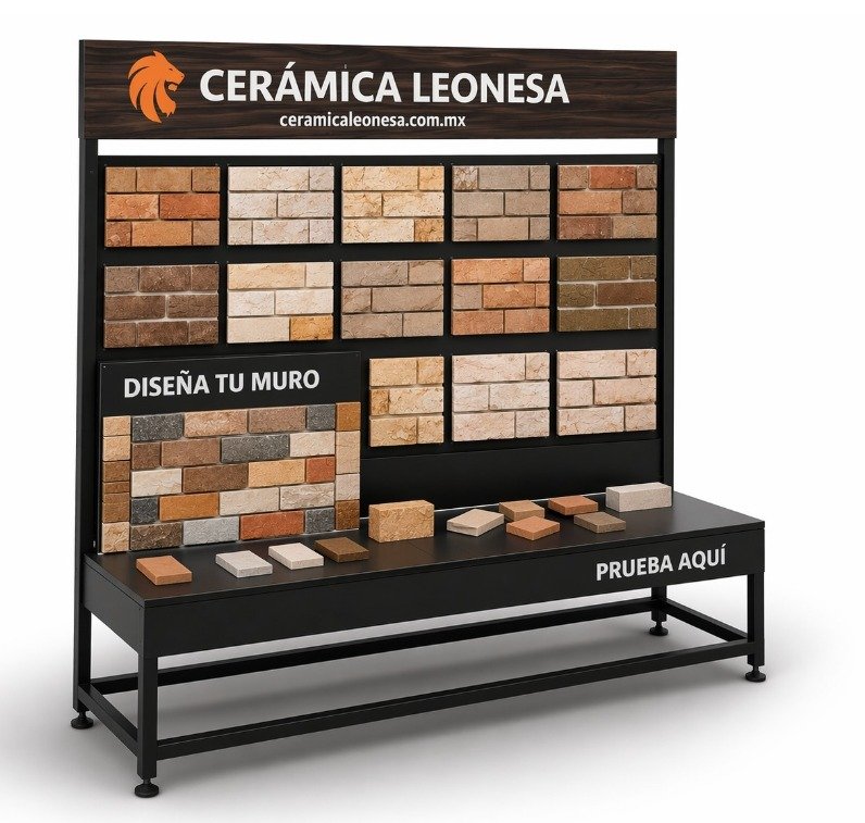 Stand exhibidor de Cerámica Leonesa con muestrario de fachaletas y pisos — Diseña tu muro